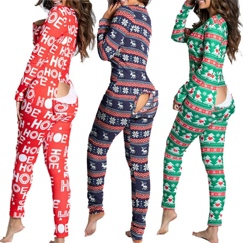 Women’s Christmas Button-Front Pajama Jumpsuit with Back Flap Holiday One-Piece Loungewear