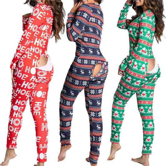 Women’s Christmas Button-Front Pajama Jumpsuit with Back Flap Holiday One-Piece Loungewear