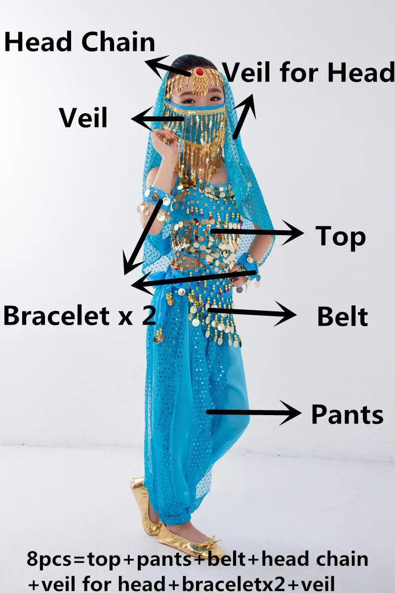 Kids Belly Dance Costume for Girls – Belly Dancer Outfit Set with Belt, Pants, Veil & Accessories (2–8PCS)