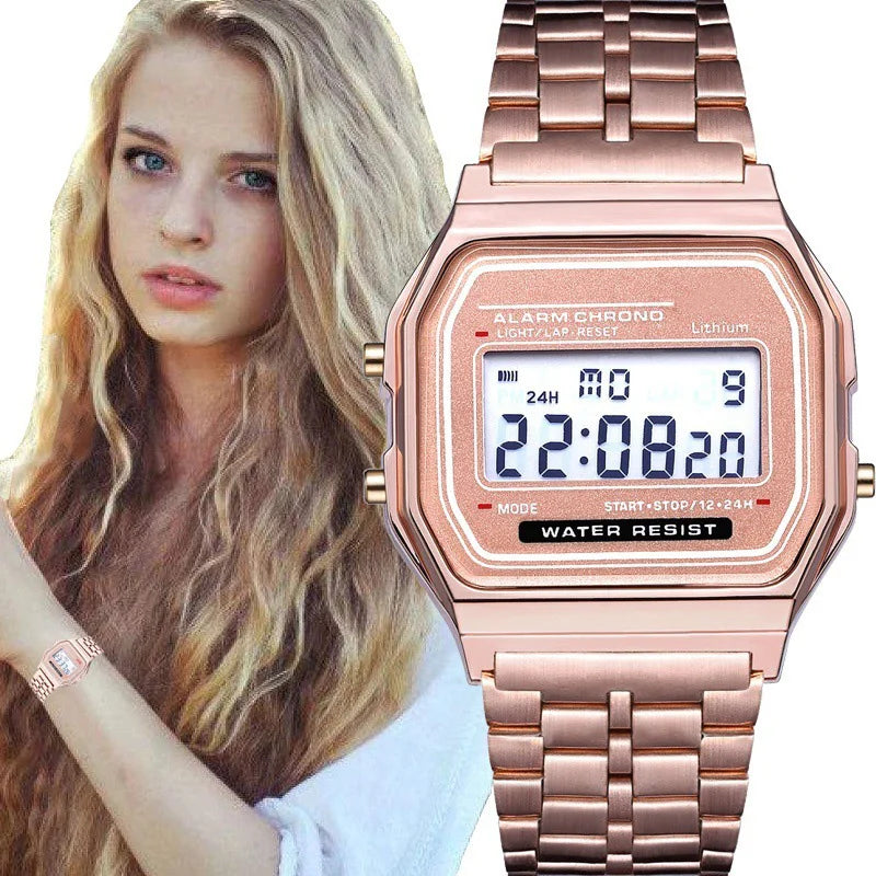 Vintage LED Digital Watch with Steel Strap – Unisex Electronic Sports Wristwatch, Valentine’s Day Gift