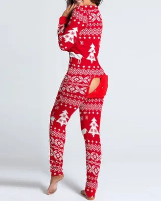 Women’s Christmas Button-Front Pajama Jumpsuit with Back Flap Holiday One-Piece Loungewear