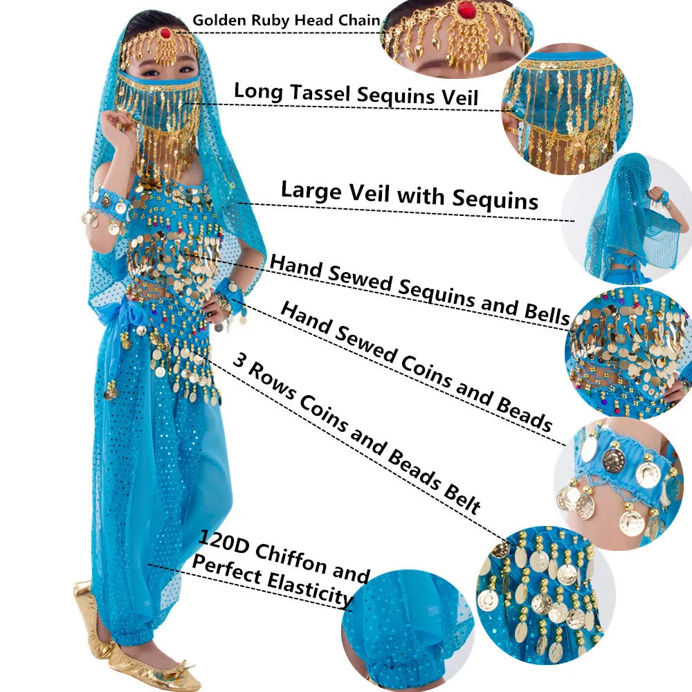 Kids Belly Dance Costume for Girls – Belly Dancer Outfit Set with Belt, Pants, Veil & Accessories (2–8PCS)