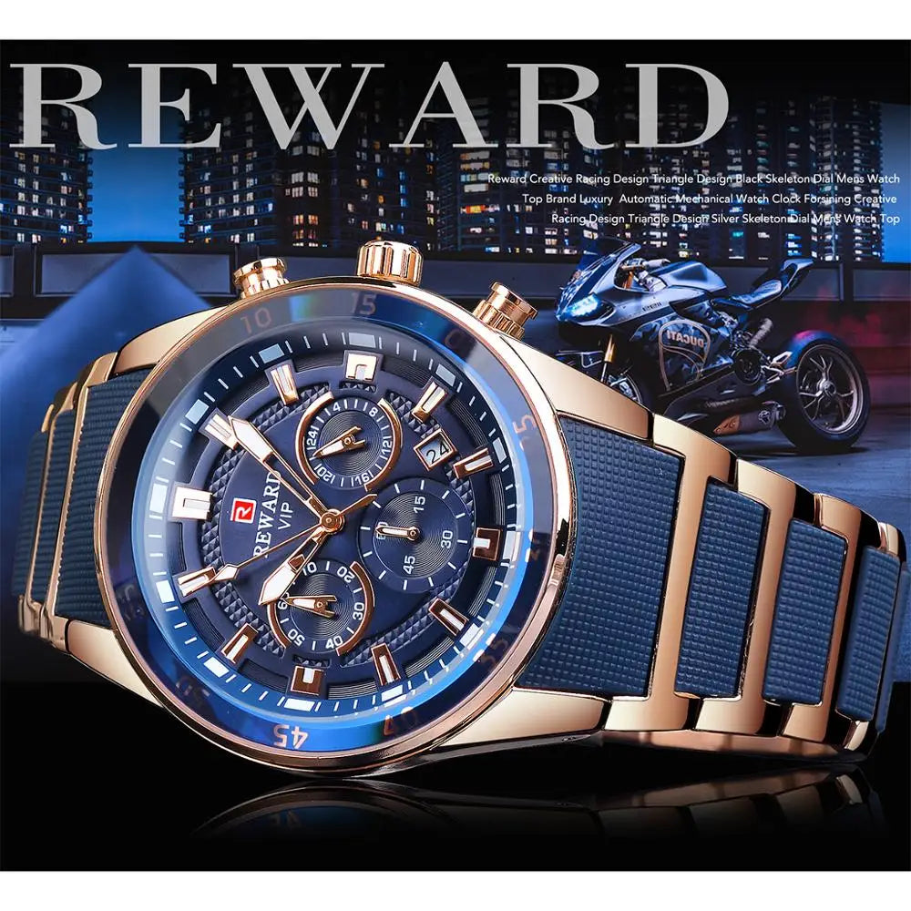 Men’s Sport Watch Blue Dial – Multifunction Quartz Watch with Silicone Strap & Stainless Steel Case