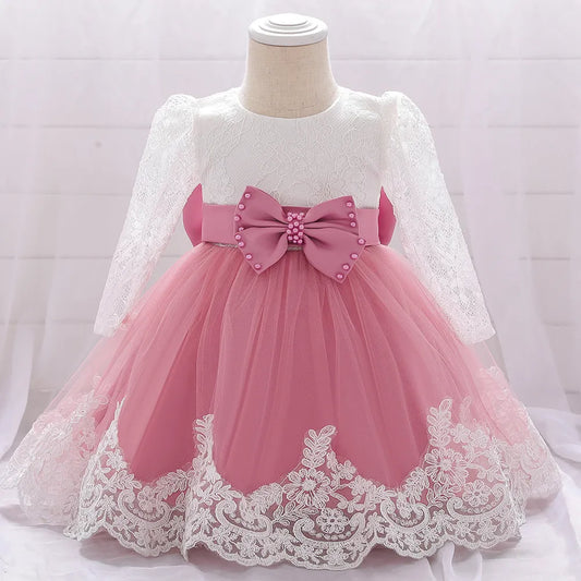 1st Birthday Princess Dress for Baby Girls Long Sleeve Lace Party Dresses With Big Bow