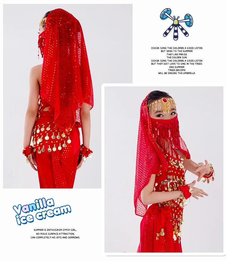 Kids Belly Dance Costume for Girls – Belly Dancer Outfit Set with Belt, Pants, Veil & Accessories (2–8PCS)