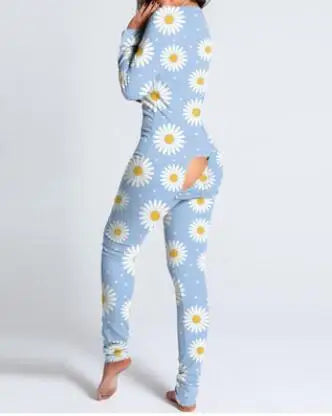 Women’s Christmas Button-Front Pajama Jumpsuit with Back Flap Holiday One-Piece Loungewear