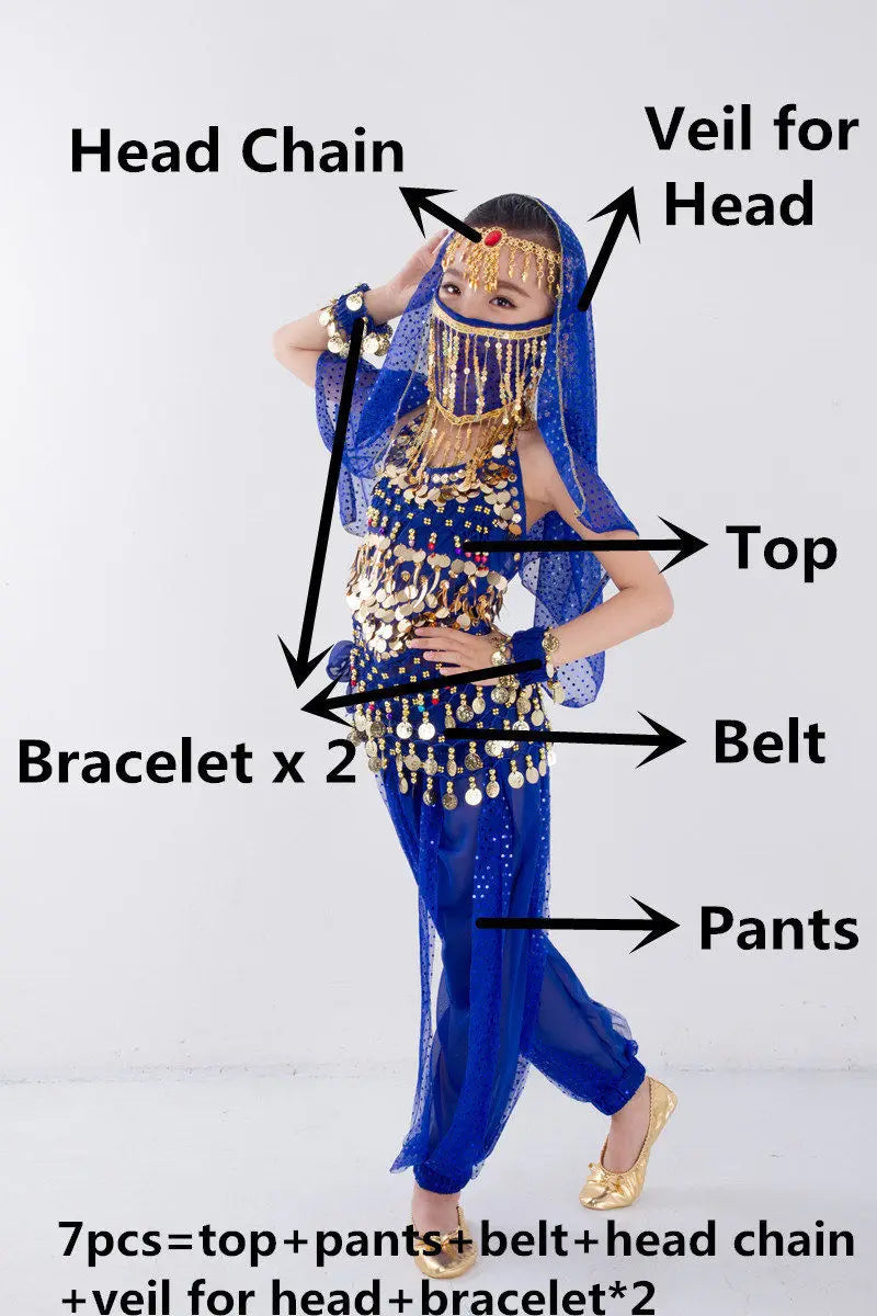 Kids Belly Dance Costume for Girls – Belly Dancer Outfit Set with Belt, Pants, Veil & Accessories (2–8PCS)