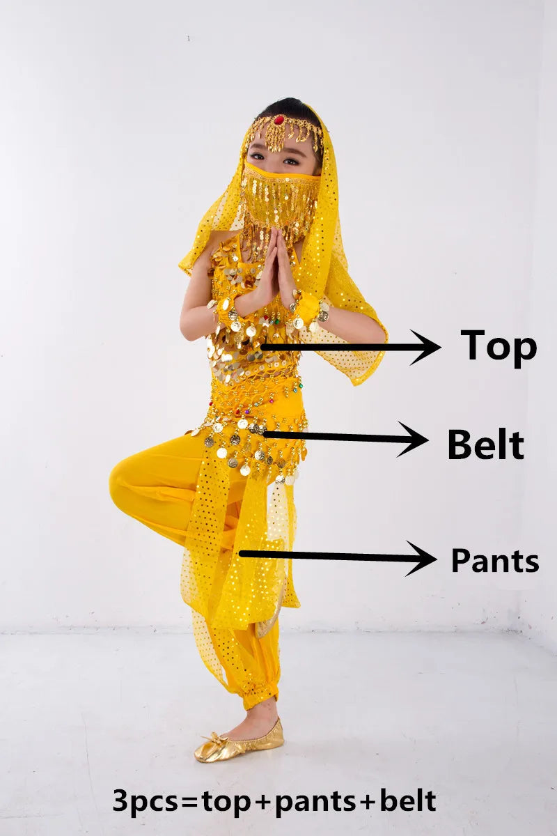 Kids Belly Dance Costume for Girls – Belly Dancer Outfit Set with Belt, Pants, Veil & Accessories (2–8PCS)