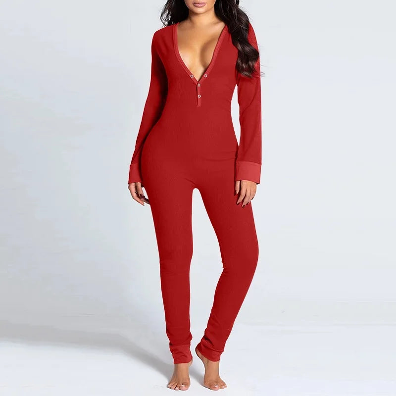 Women’s Christmas Button-Front Pajama Jumpsuit with Back Flap Holiday One-Piece Loungewear