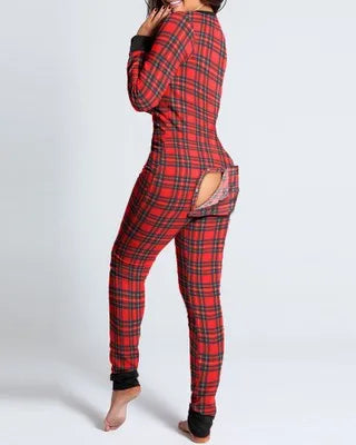 Women’s Christmas Button-Front Pajama Jumpsuit with Back Flap Holiday One-Piece Loungewear