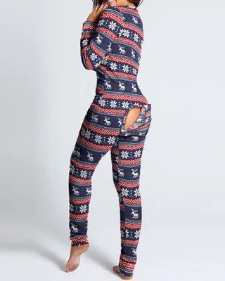 Women’s Christmas Button-Front Pajama Jumpsuit with Back Flap Holiday One-Piece Loungewear