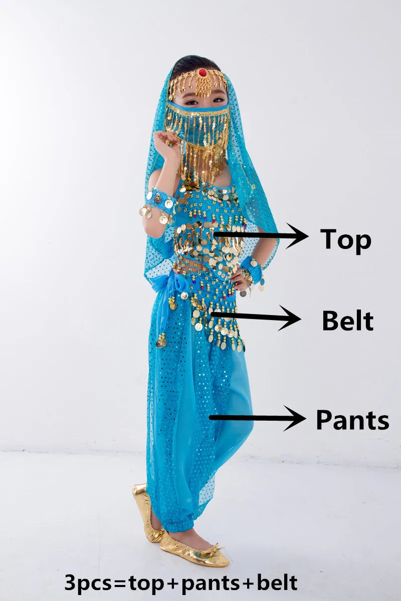Kids Belly Dance Costume for Girls – Belly Dancer Outfit Set with Belt, Pants, Veil & Accessories (2–8PCS)