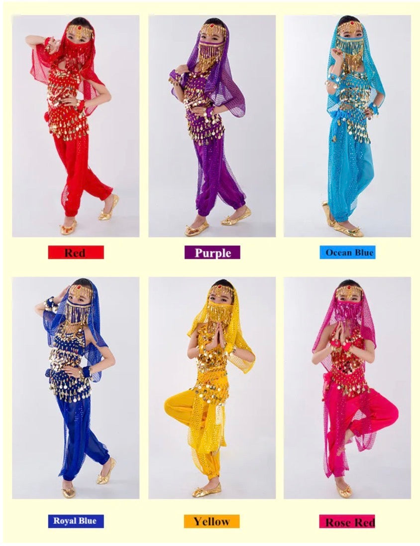 Kids Belly Dance Costume for Girls – Belly Dancer Outfit Set with Belt, Pants, Veil & Accessories (2–8PCS)