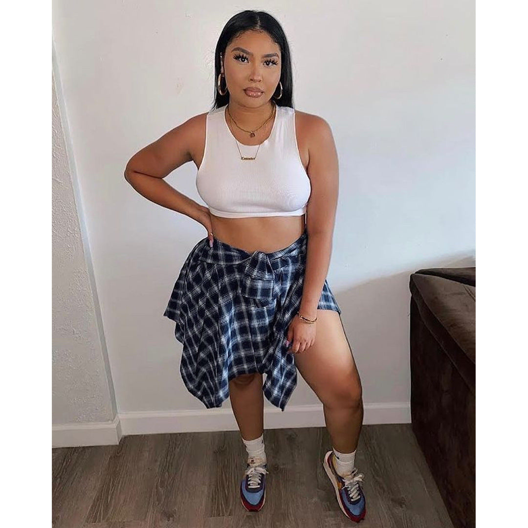 Women Plaid Irregular High Waist Knee-Length Skirt