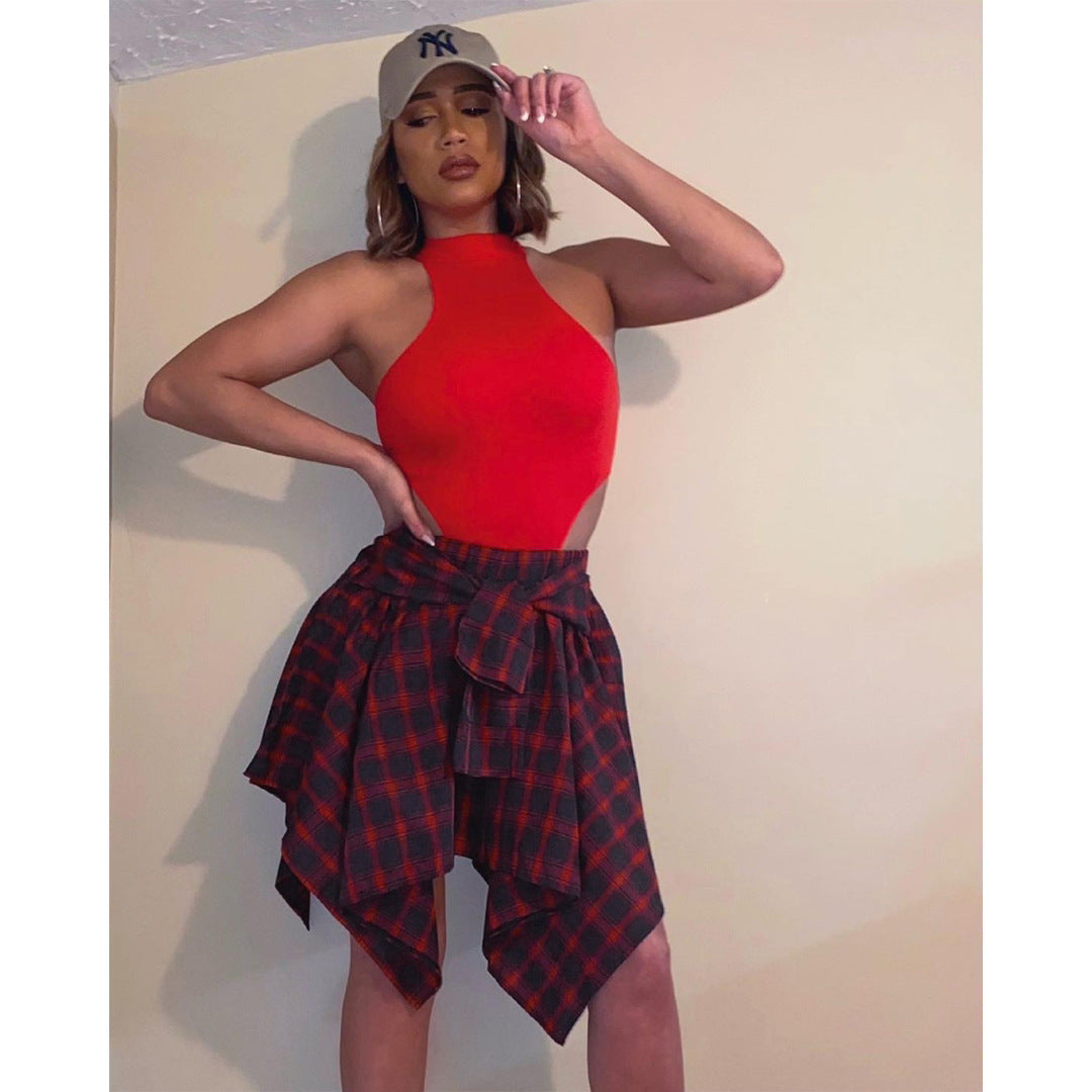Women Plaid Irregular High Waist Knee-Length Skirt