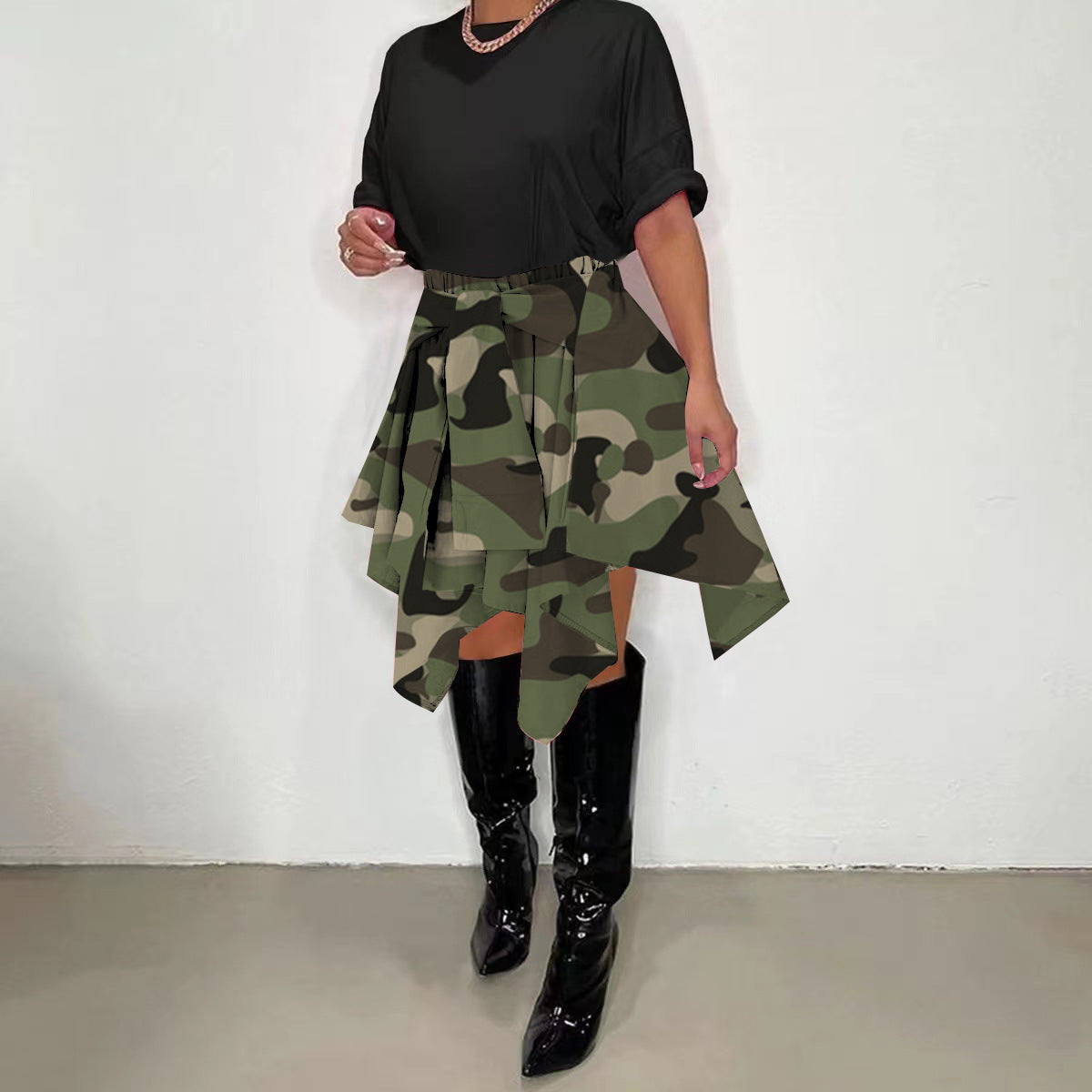 Women Plaid Irregular High Waist Knee-Length Skirt
