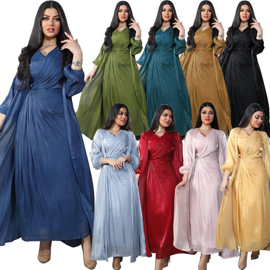 Moroccan women Party Dress Abaya 2 Piece Set Silky Satin Dubai Dresses Caftan Evening Long Robe Vestidos