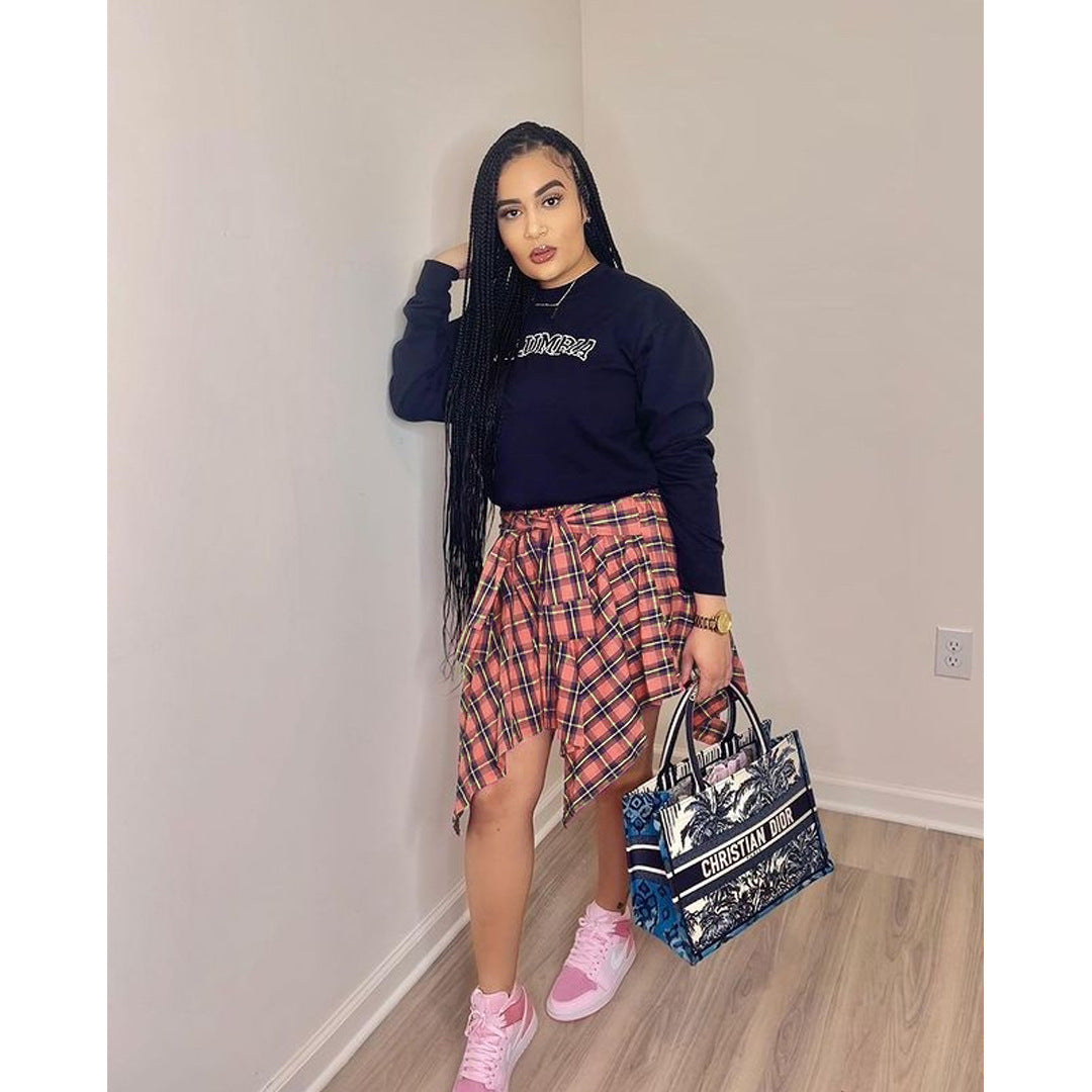Women Plaid Irregular High Waist Knee-Length Skirt