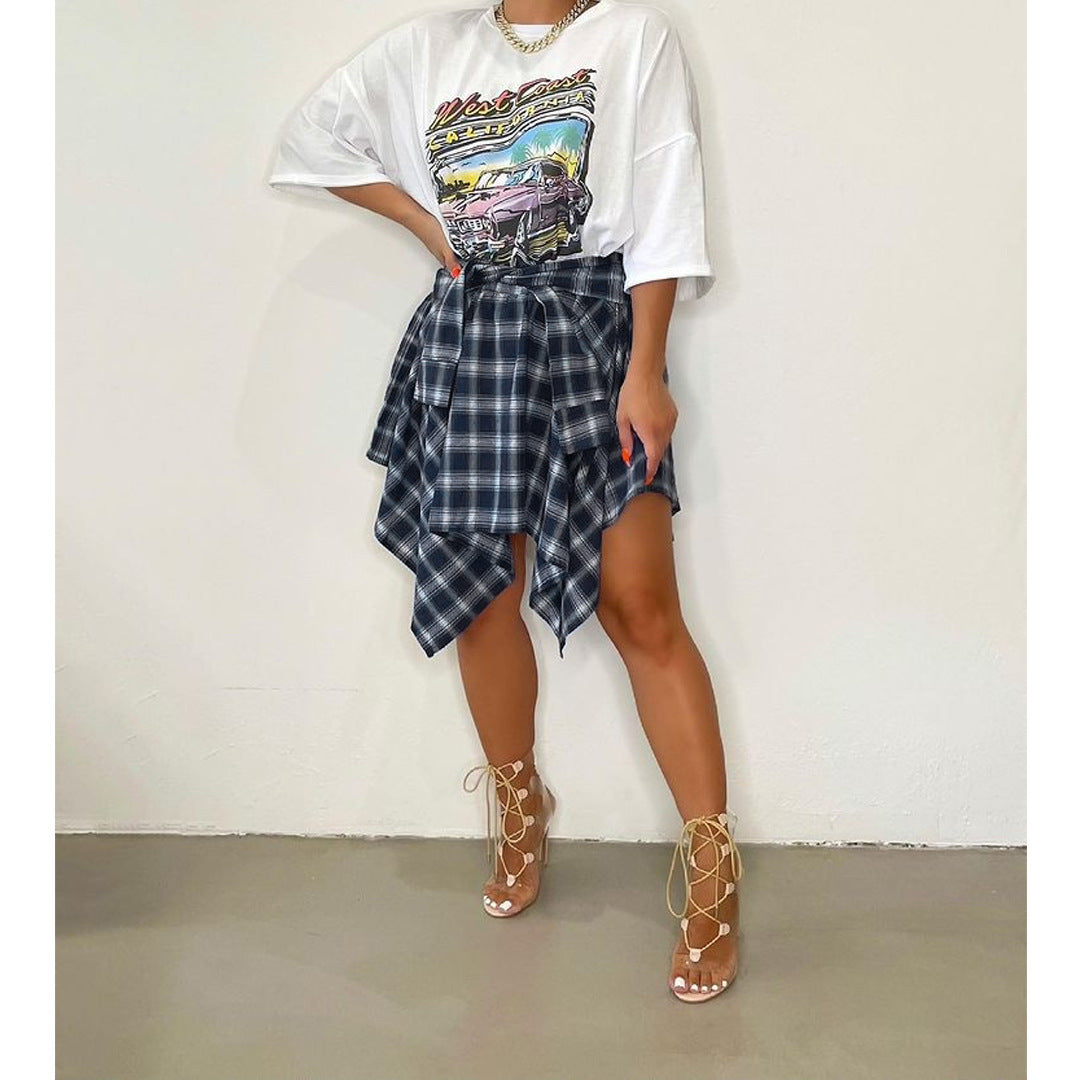 Women Plaid Irregular High Waist Knee-Length Skirt