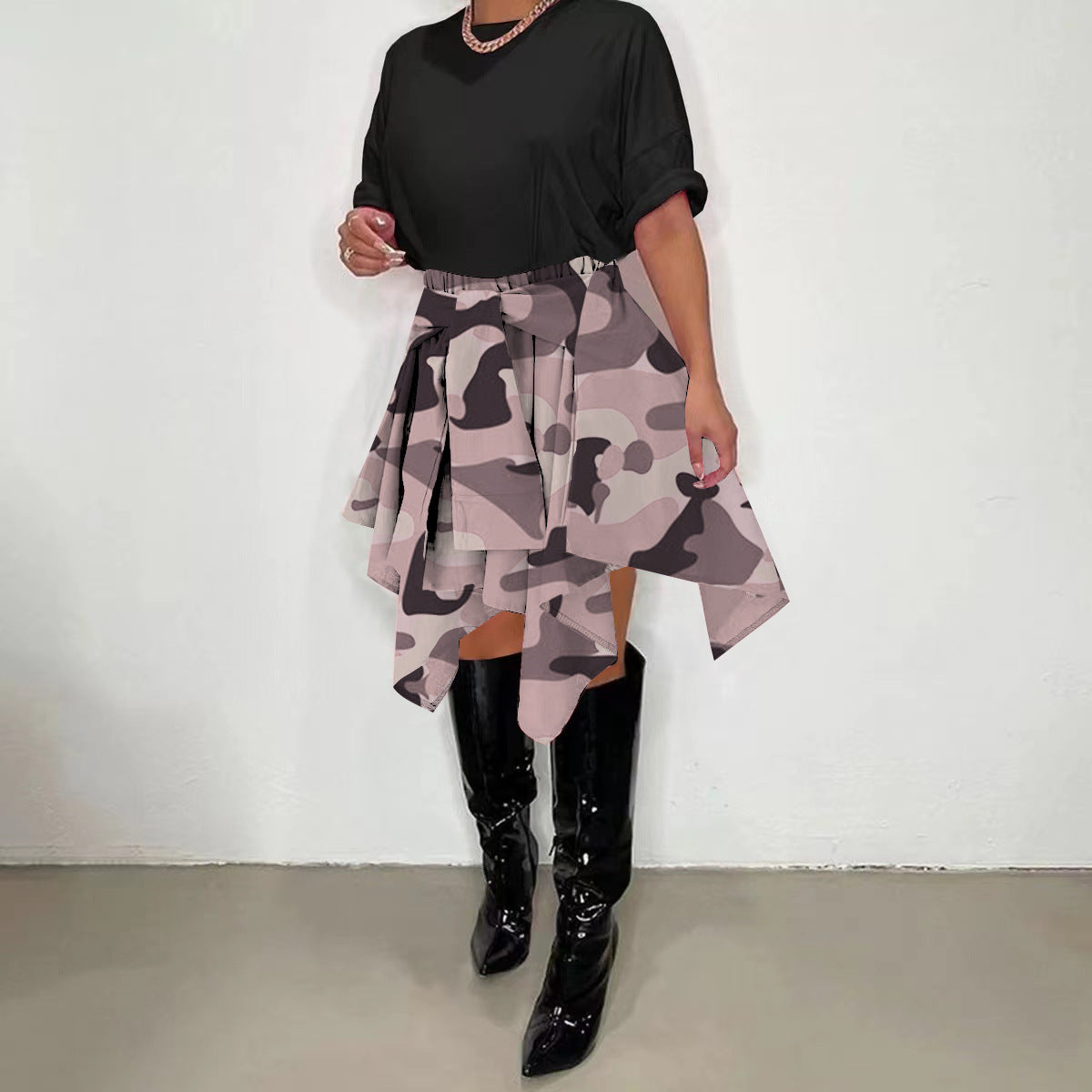 Women Plaid Irregular High Waist Knee-Length Skirt