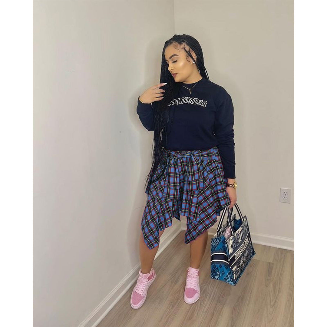 Women Plaid Irregular High Waist Knee-Length Skirt