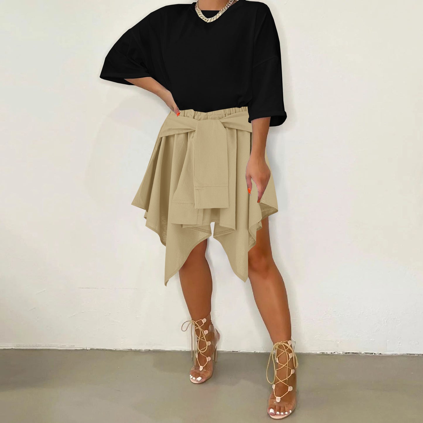Women Plaid Irregular High Waist Knee-Length Skirt
