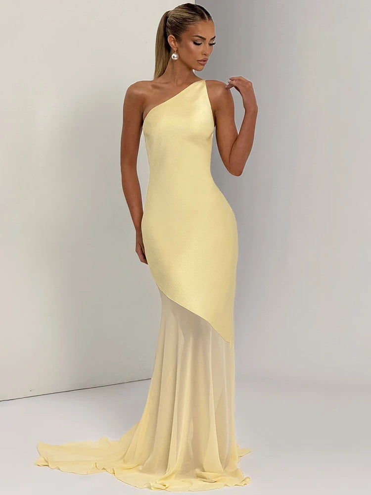 One-Shoulder Backless Maxi Dress for Women – Sleeveless Bodycon, Patchwork, Elegant Party & Club Gown