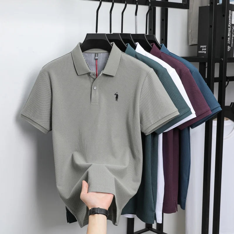 Men’s 100% Pure Cotton Breathable Short Sleeve Polo Shirt – Luxury Embroidered, Loose Fit Casual & Summer Business Wear