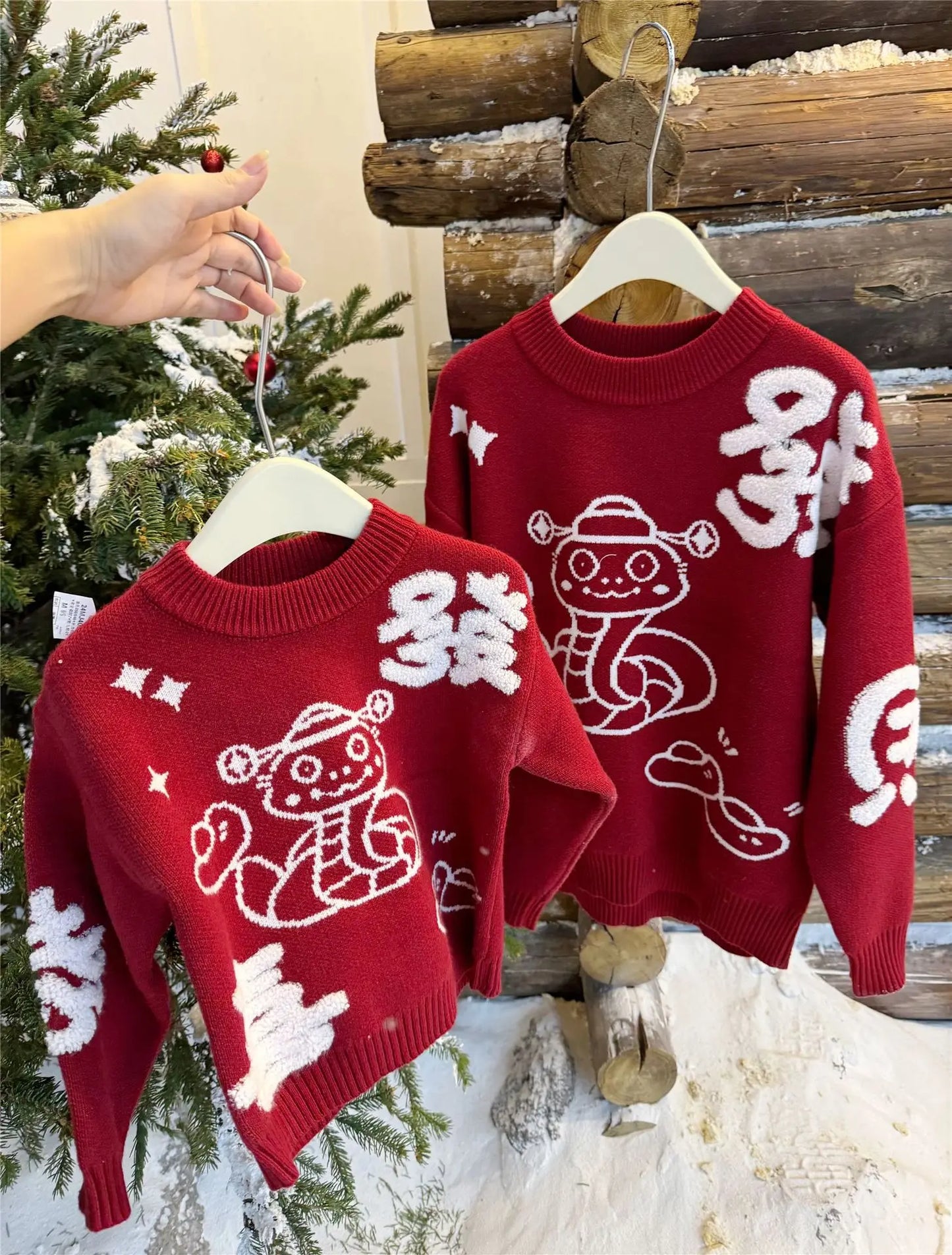 New Year Matching Family Red Chinese Sweater Father Mother and Daughter Son Snake Knit Jumper Infant Baby Knit Romper