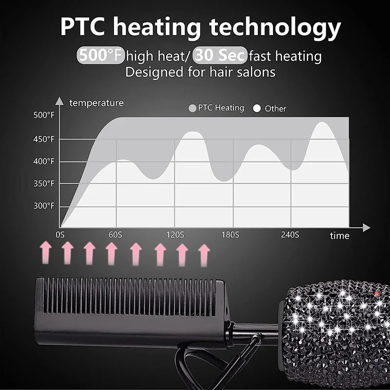 Electric Hot Comb Hair Straightener with Rhinestone Design and LCD Display