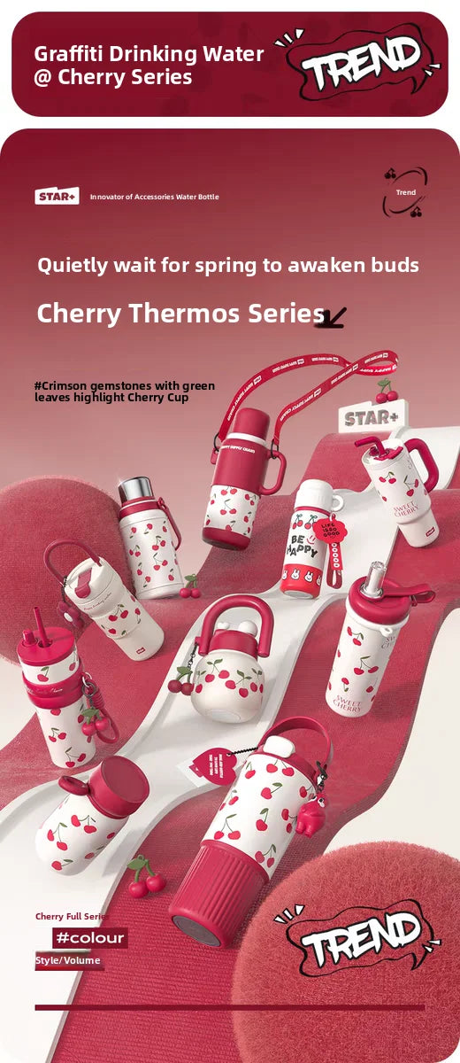 Portable Cherry Series Stainless Steel Insulated Straw Tumbler – Double-Wall Vacuum Travel Water Bottle for Hot & Cold Drinks