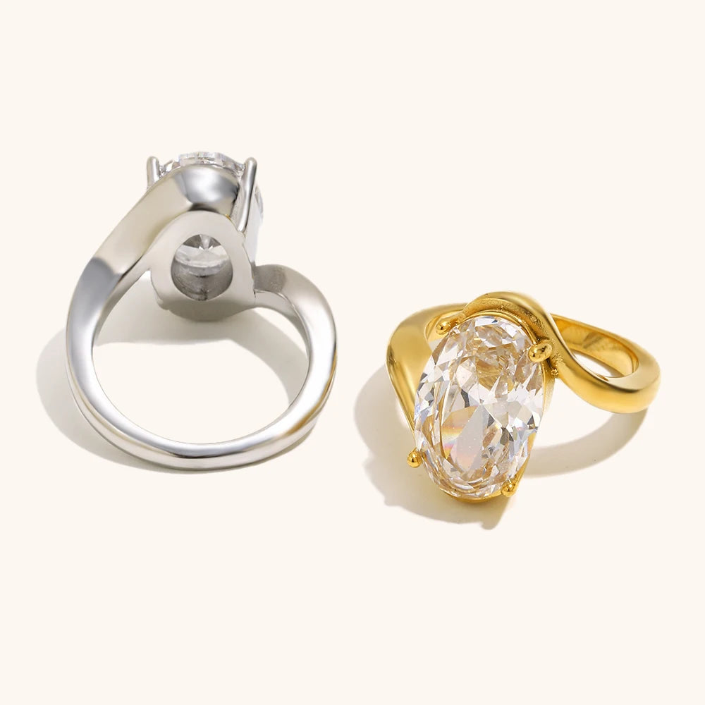 Elliptical Zircon Asymmetric Stainless Steel Women’s Ring – Gold Plated Fashion Jewelry