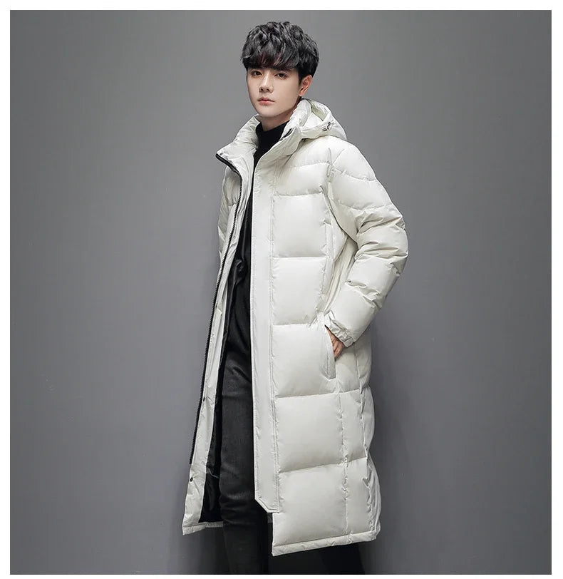 Winter Long White Down Jackets Men Women Hooded Thick Warm Over-the-Knee Puffer Jacket Man Overcoats Couple Padded Down Coat