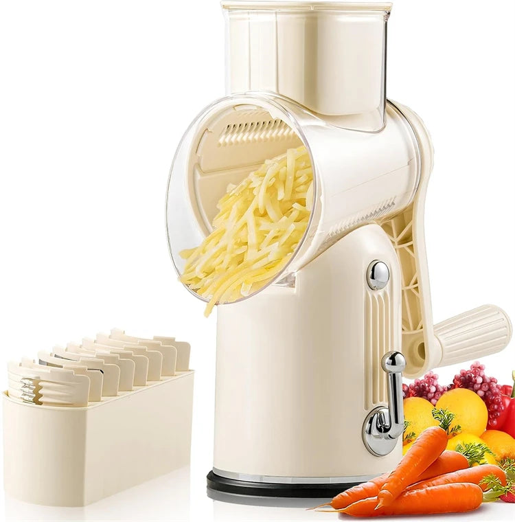 Rotary Cheese Grater with Hand Crank – 5-in-1 Kitchen Shredder & Slicer with Replaceable Stainless Steel Blades for Cheese, Vegetables & More
