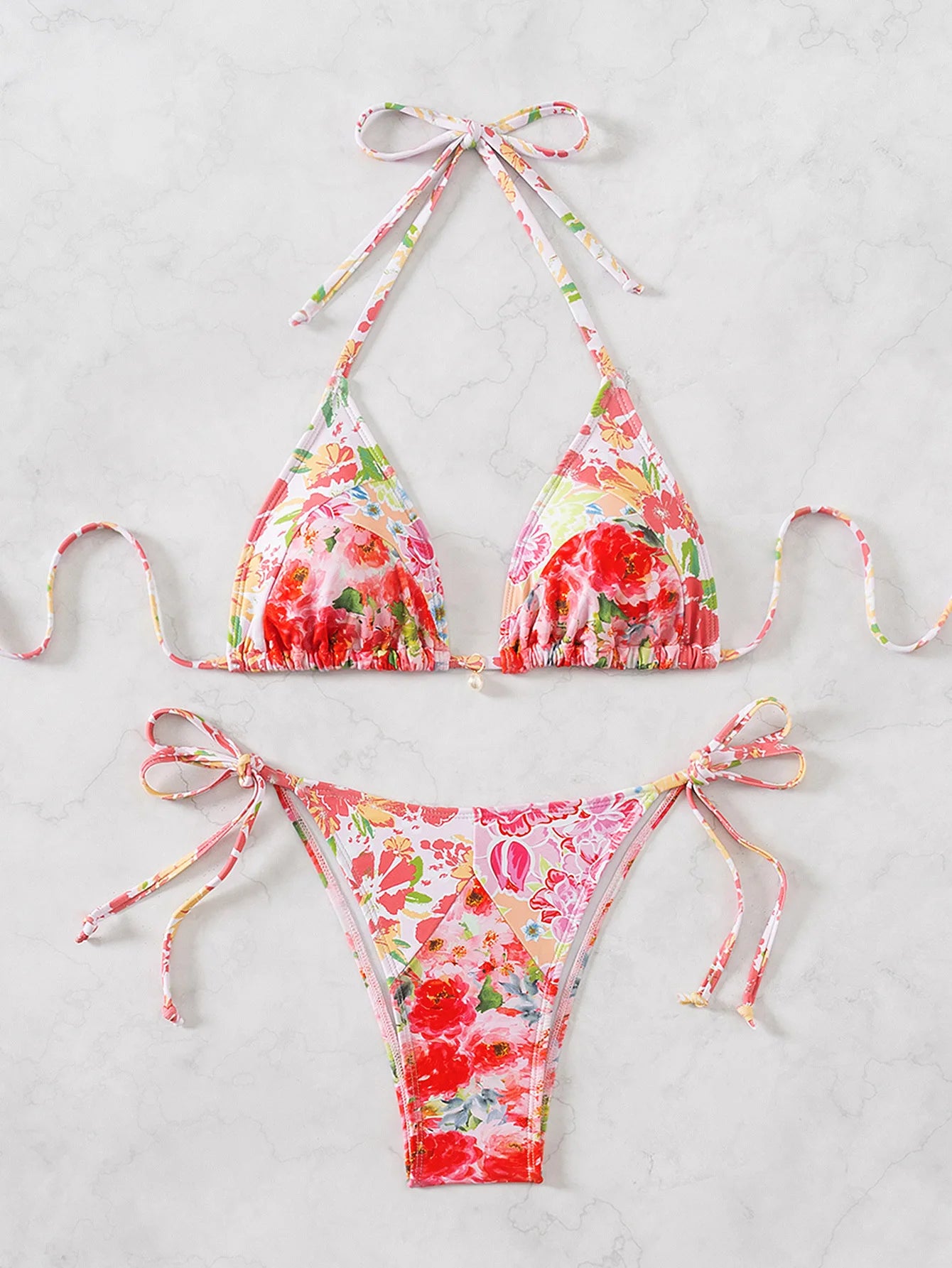 Women’s Blue Floral Print 2-Piece Bikini Set – Push-Up Bra and Thong Swimsuit for Beach and Swimwear