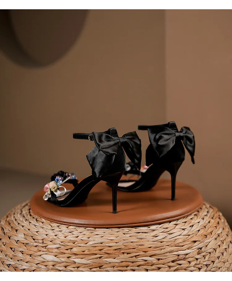 Women’s Open Toe High Heel Sandals – Satin Flower Bow, Buckle Strap, Elegant Dress & Wedding Shoes