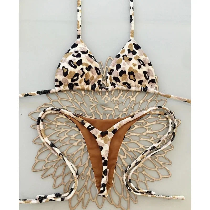 Women's Leopard Print Bikini Set – Two-Piece Swimsuit with Striped Thong Bottom – Summer Beachwear