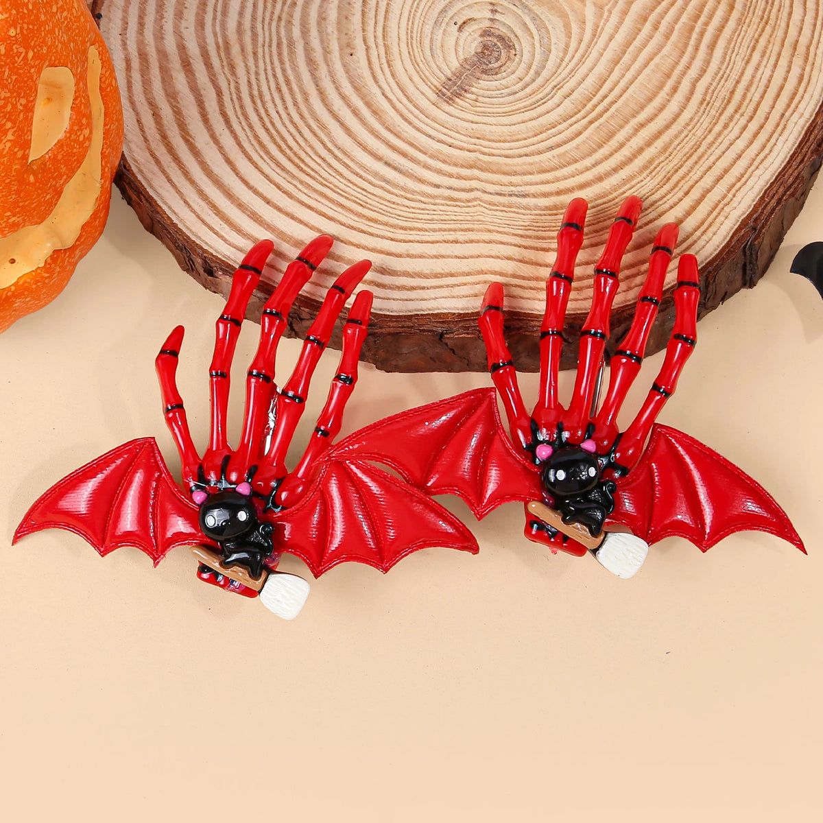 Halloween Skeleton Hand Hair Clips with Bat Wings, Pumpkin and Ghost Details for Gothic Hairstyles, Cosplay Costumes and Themed Parties
