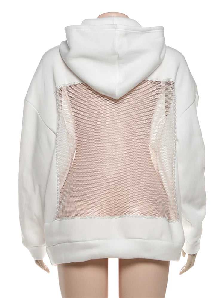 Sisterlinda Women's Hoodie Backless Mesh Patchwork Sweatshirt – Harajuku Streetwear Pullover for Autumn