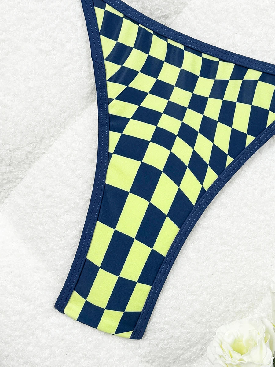 Women’s Two-Piece Bikini Swimsuit, Plaid Swimwear with Ring Detail and High-Leg Design