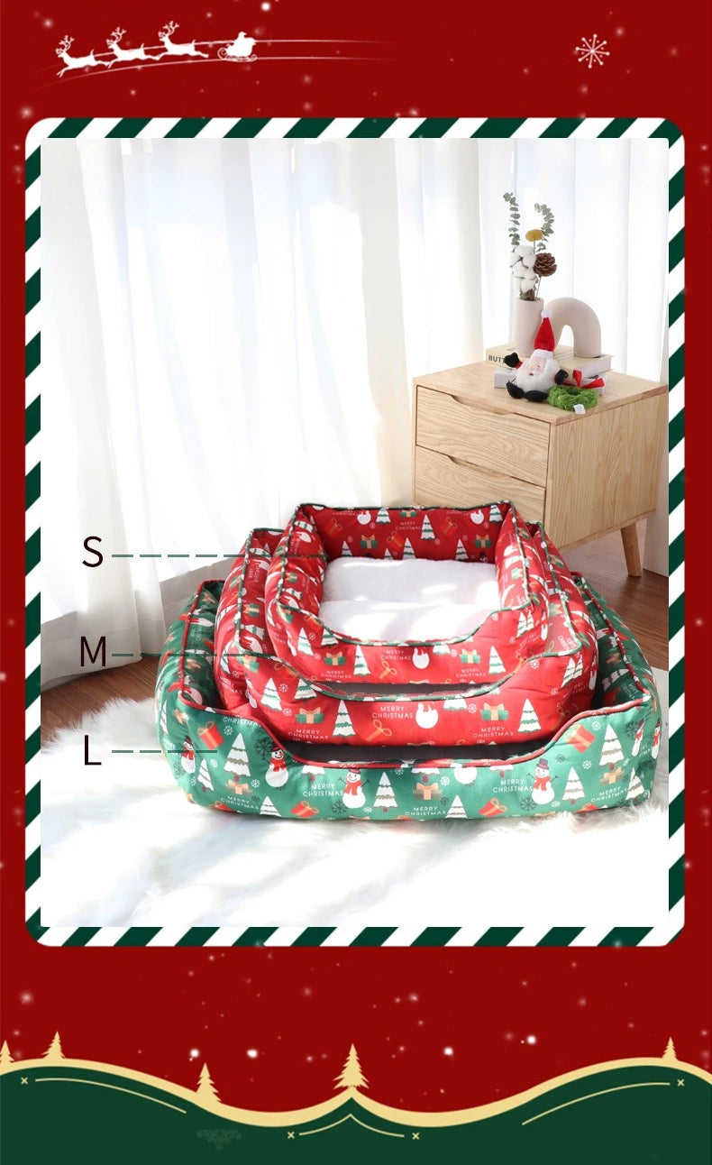 Christmas Cat and Small Dog Bed with Raised Bolster Sides and Soft Sleeping Cushion, Festive Indoor Pet Nest