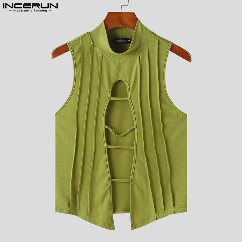 Stylish Clubwear Tops – INCERUN Men's Hollow-Out Semi High Neck Knitted Vests, Fashion Sleeveless Solid Tank Tops (Sizes S–5XL)