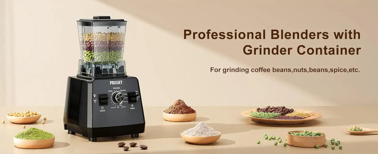 PRASKY 2400W Professional Blender & Grinder Combo – 25,000 RPM High-Speed Kitchen Blender, 68oz BPA-Free Pitcher, 2 Containers, Ice Crusher for Smoothies, Shakes & Frozen Drinks