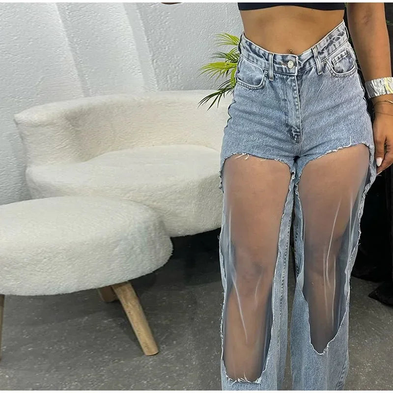 Women’s High-Waist Distressed Denim Jeans with Sheer Mesh Knee Panels – Trendy Streetwear Pants | Italian Street Style