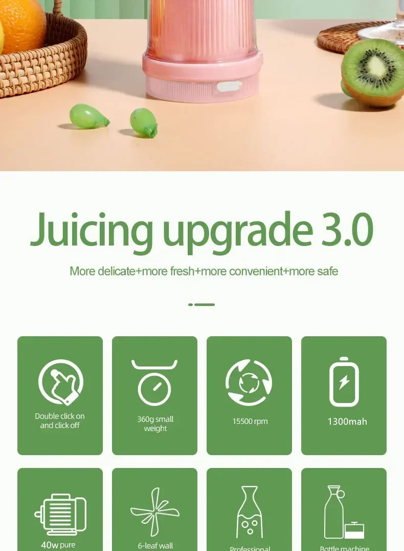 Portable USB Electric Juicer Blender, Mini 6-Blade Fruit & Milkshake Mixer for Fresh Juice