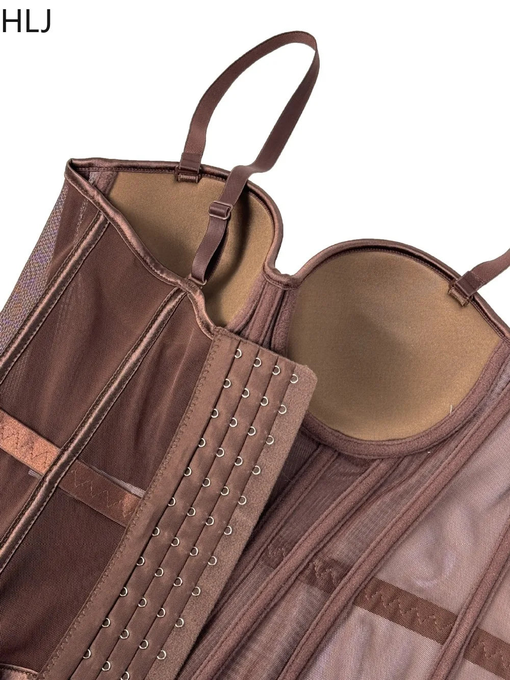Y2K Retro Brown 2-Piece Mesh Bustier Top and Plaid Skirt Set