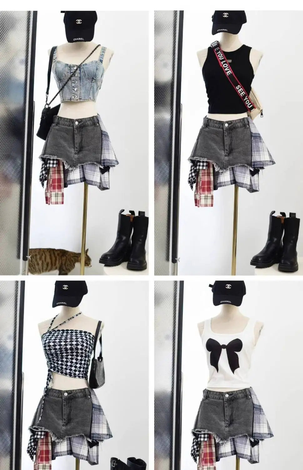 Vintage Plaid Denim Splicing Asymmetrical A-Line Mini Skirt