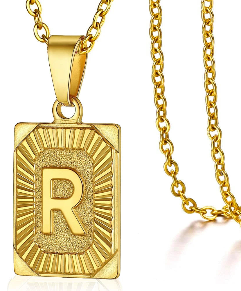 Initial Letter Pendant Necklace – Stainless Steel Cuban Link Chain, Square Charm Alphabet Necklace for Men & Women, Couple Gift Jewelry