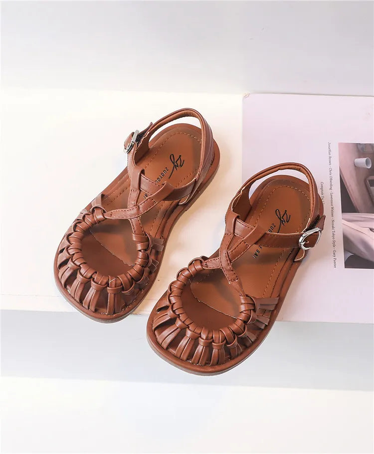 2025 New Summer Children Sandals Leather Cut-out Kids Sandals Soft Sole Non-slip Beach Shoes Fashion Girls Sandals 26-37