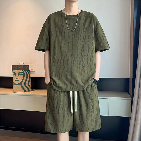 Plus Size 8XL Summer Men's Casual Tracksuit Set – Solid Color Short Sleeve T-Shirt + Shorts – 2-Piece Sportswear